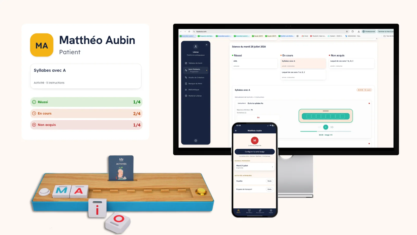 La station Lilémo, la plateforme Lilydocta sur ordinateur et sur mobile, et la fiche de suivi d’un patient